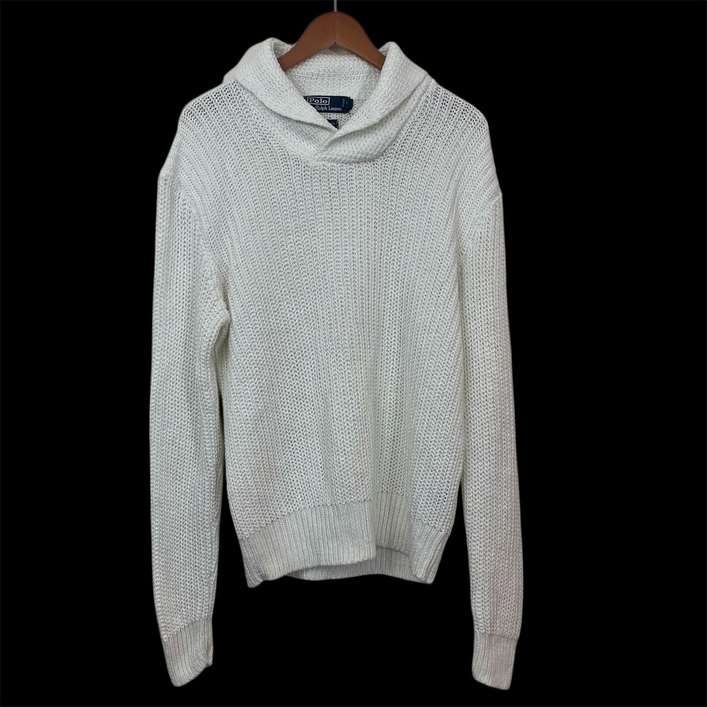 Polo Ralph Lauren Mens M White 100% Linen Shawl Collar Chunky Knit Sweater